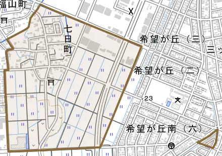 七日町とその周辺の地図。町の範囲を重ねている