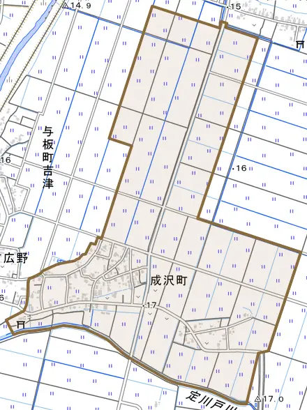 成沢町とその周辺の地図。町の範囲を重ねている