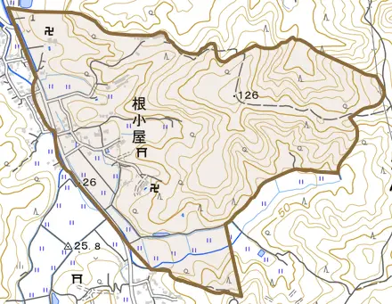 根小屋とその周辺の地図。町の範囲を重ねている