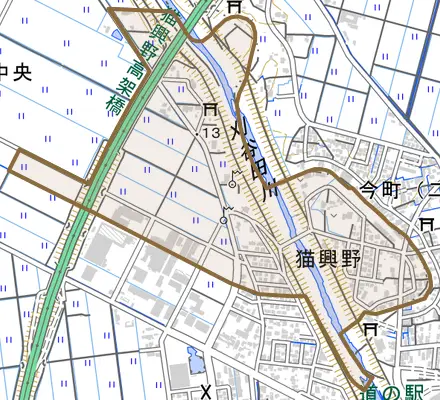 猫興野とその周辺の地図。町の範囲を重ねている