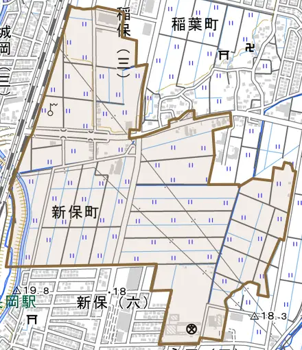 新保町とその周辺の地図。町の範囲を重ねている