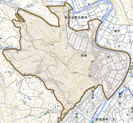 楡原とその周辺の地図。町の範囲を重ねている