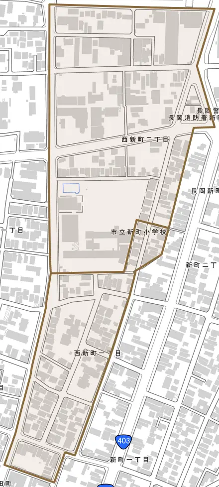 西新町とその周辺の地図。町の範囲を重ねている