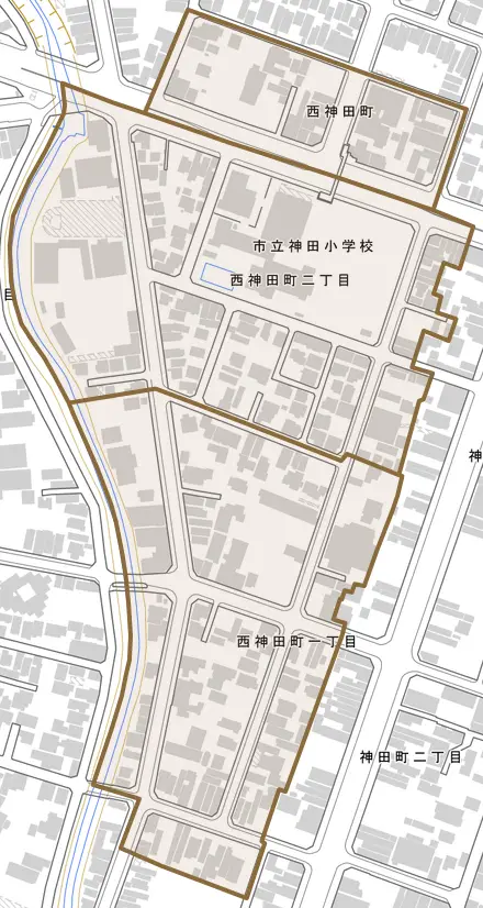 西神田町とその周辺の地図。町の範囲を重ねている