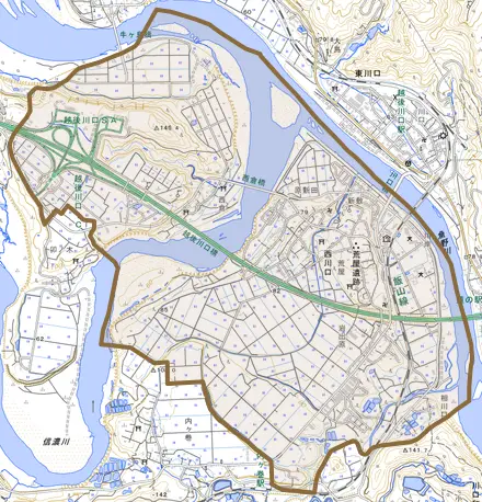 西川口とその周辺の地図。町の範囲を重ねている