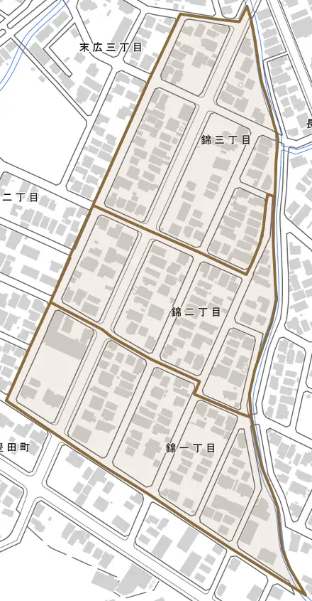 錦とその周辺の地図。町の範囲を重ねている