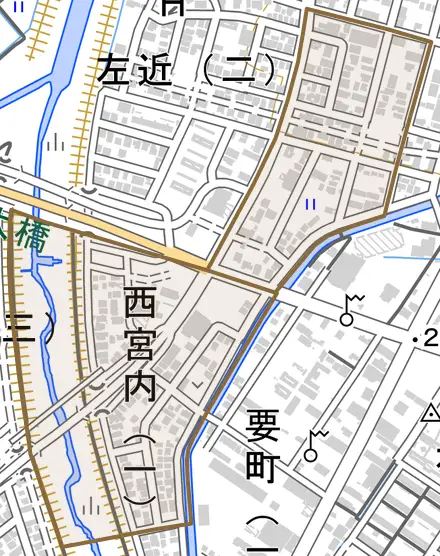 西宮内とその周辺の地図。町の範囲を重ねている