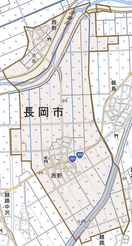 西野とその周辺の地図。町の範囲を重ねている