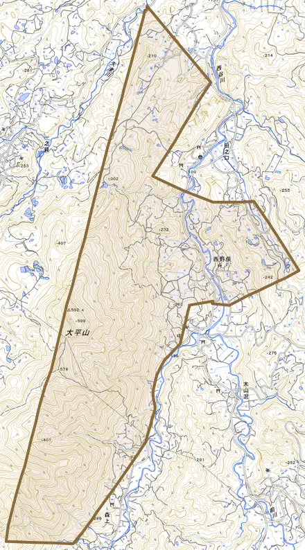 西野俣とその周辺の地図。町の範囲を重ねている