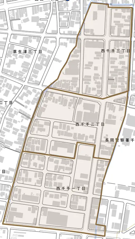 西千手とその周辺の地図。町の範囲を重ねている