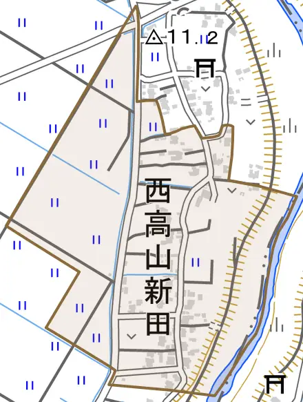 西高山新田とその周辺の地図。町の範囲を重ねている