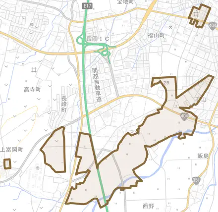 西津町とその周辺の地図。町の範囲を重ねている