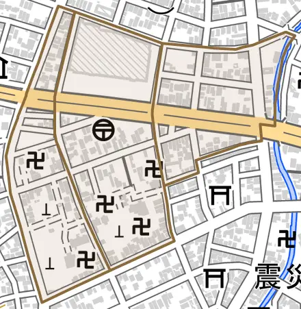 日赤町とその周辺の地図。町の範囲を重ねている