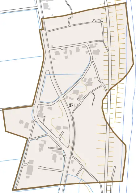 野口とその周辺の地図。町の範囲を重ねている