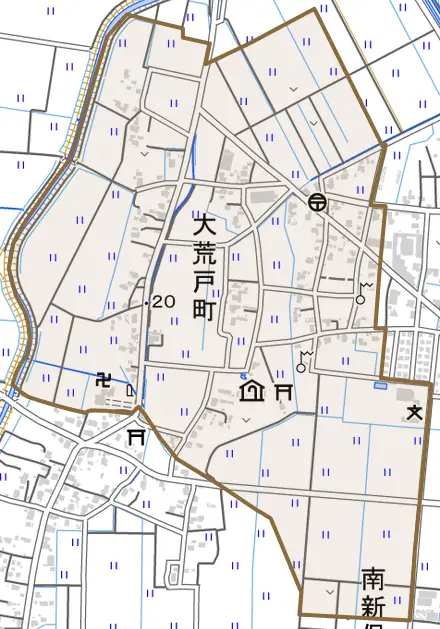 大荒戸町とその周辺の地図。町の範囲を重ねている