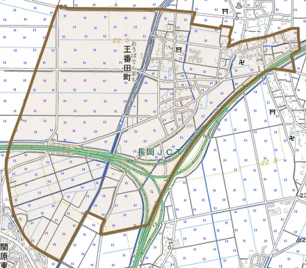 王番田町とその周辺の地図。町の範囲を重ねている