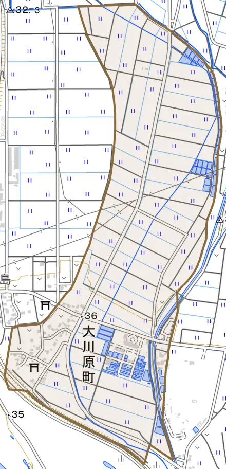 大川原町とその周辺の地図。町の範囲を重ねている