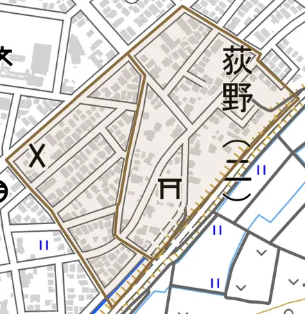 荻野とその周辺の地図。町の範囲を重ねている