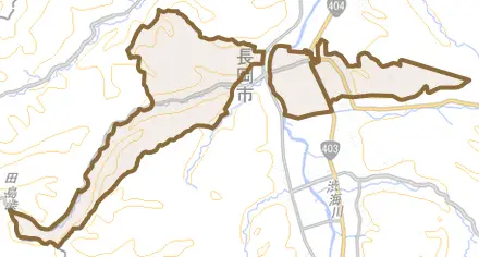 小国町新町とその周辺の地図。町の範囲を重ねている