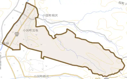小国町法坂とその周辺の地図。町の範囲を重ねている