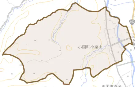 小国町小栗山とその周辺の地図。町の範囲を重ねている