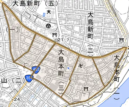 大島本町とその周辺の地図。町の範囲を重ねている