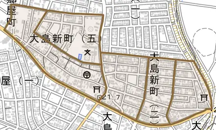 大島新町とその周辺の地図。町の範囲を重ねている