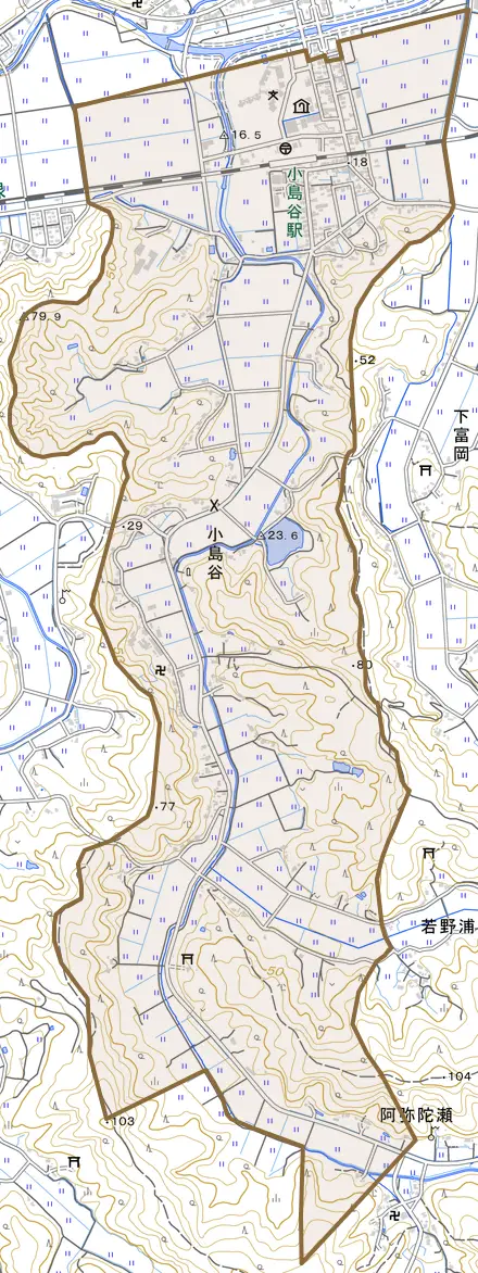 小島谷とその周辺の地図。町の範囲を重ねている