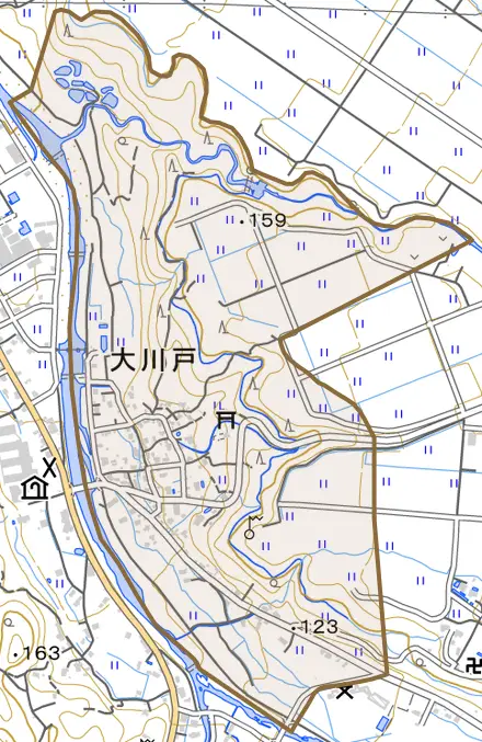 大川戸とその周辺の地図。町の範囲を重ねている