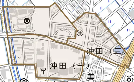 沖田とその周辺の地図。町の範囲を重ねている