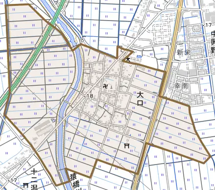 大口とその周辺の地図。町の範囲を重ねている