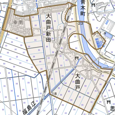大曲戸新田とその周辺の地図。町の範囲を重ねている