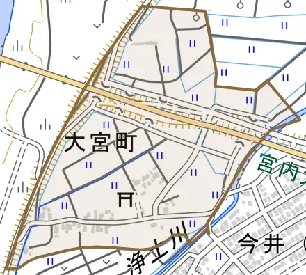 大宮町とその周辺の地図。町の範囲を重ねている