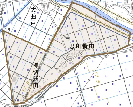 思川新田とその周辺の地図。町の範囲を重ねている