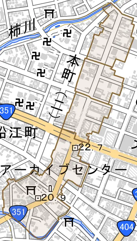 表町とその周辺の地図。町の範囲を重ねている