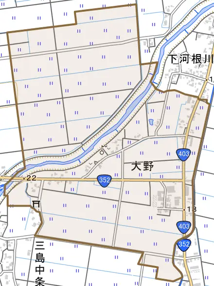 大野とその周辺の地図。町の範囲を重ねている