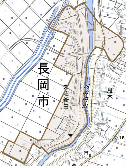 大沼新田とその周辺の地図。町の範囲を重ねている