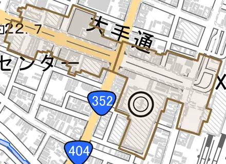 大手通とその周辺の地図。町の範囲を重ねている