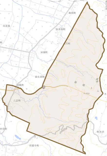 乙吉町とその周辺の地図。町の範囲を重ねている