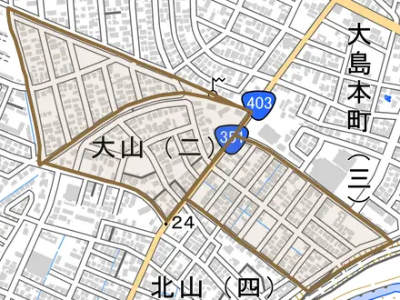 大山とその周辺の地図。町の範囲を重ねている