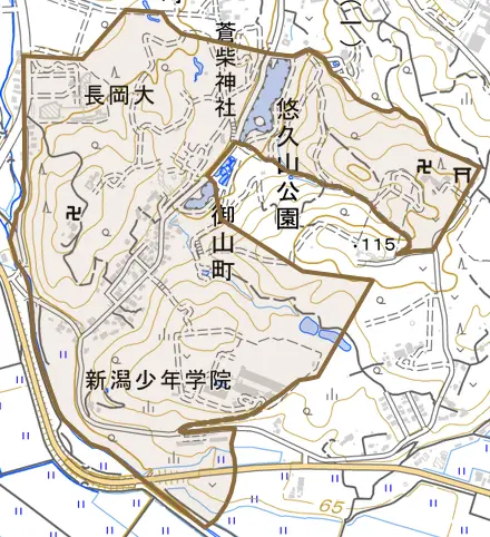 御山町とその周辺の地図。町の範囲を重ねている