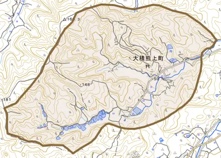 大積熊上町とその周辺の地図。町の範囲を重ねている