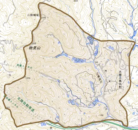 大積三島谷町とその周辺の地図。町の範囲を重ねている