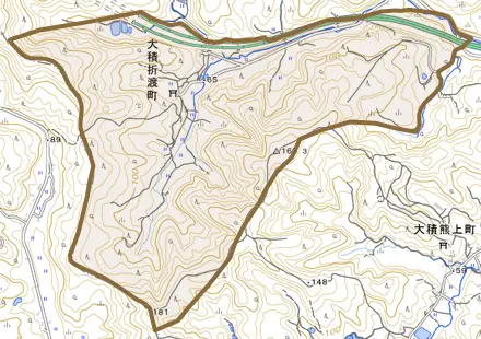 大積折渡町とその周辺の地図。町の範囲を重ねている