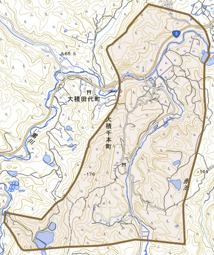 大積千本町とその周辺の地図。町の範囲を重ねている