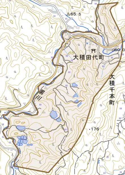 大積田代町とその周辺の地図。町の範囲を重ねている