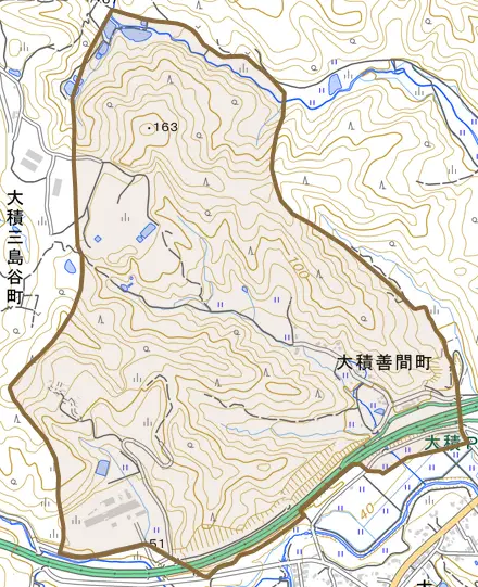 大積善間町とその周辺の地図。町の範囲を重ねている
