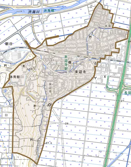来迎寺とその周辺の地図。町の範囲を重ねている