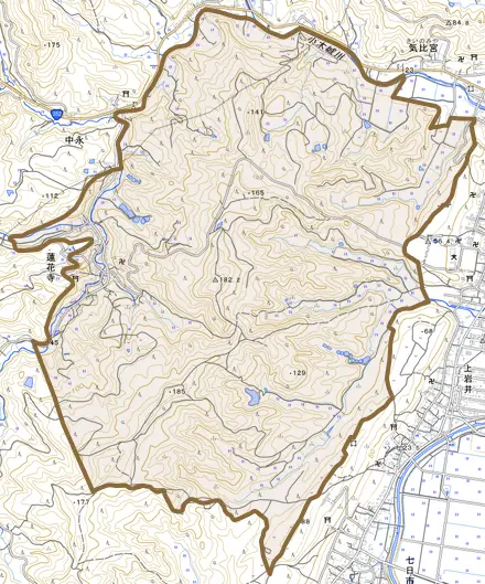 蓮花寺とその周辺の地図。町の範囲を重ねている