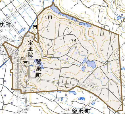 鷺巣町とその周辺の地図。町の範囲を重ねている